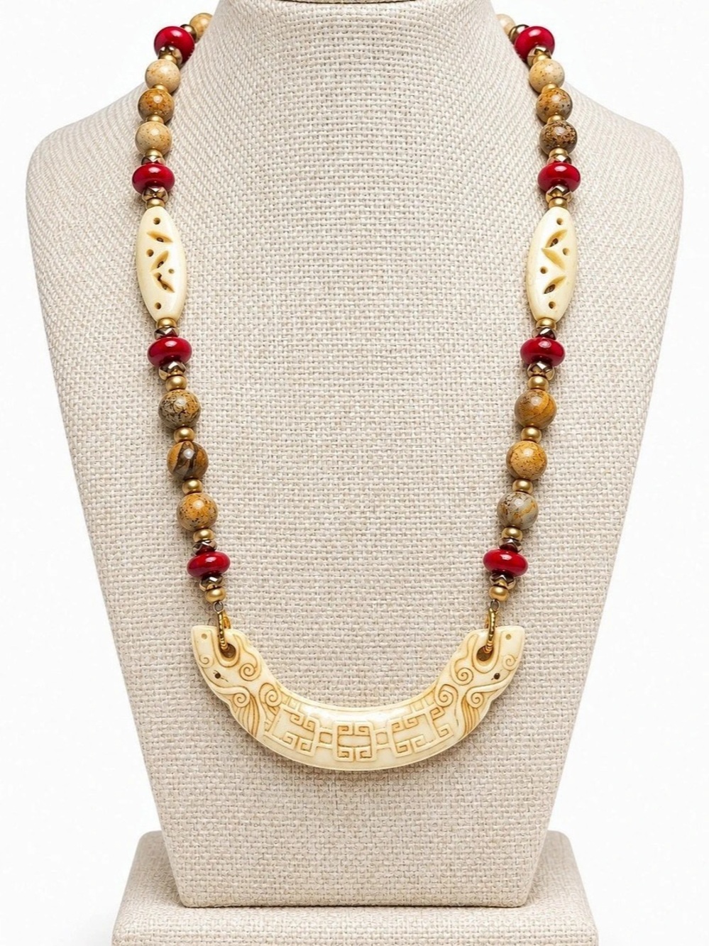 Carved Bone Double Dragon Head, coral and Picture Jasper Necklace 22”